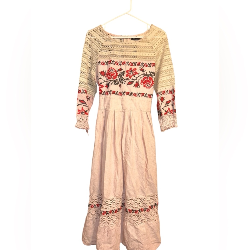 Martina Linen Embroidered Prairie Dress with Crochet Lace Overlay Boho Size 8